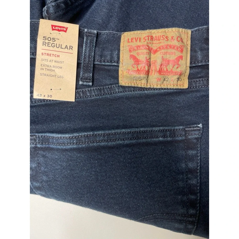 Levi's 505 Regular Fit Jeans Mens 42x30 Blue Indigo Stretch Straight Leg